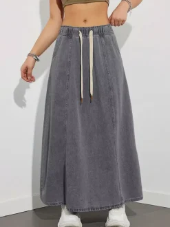 Drawstring Waist Denim Maxi Skirt For Women - Casual A-Line Flare Long Skirt With Pockets - Spring Holiday 2026