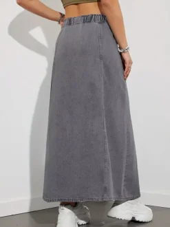 Drawstring Waist Denim Maxi Skirt For Women - Casual A-Line Flare Long Skirt With Pockets - Spring Holiday 2026
