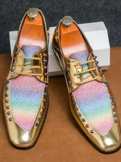 Dress Shoes For Men Patchwork SRound Toe Studs Decoration Derbies Shoes Low Top Non Slip Prom Shoes