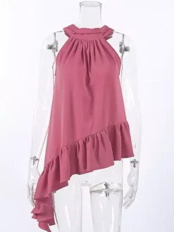 Dusty Pink Gathered Halter Tank Top Irregular Uneven Ruffle Hem Flowy Summer Blouse