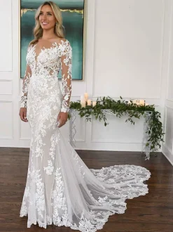 Ecru White Mermaid Wedding Dress Illusion Neckline Long Sleeves Backless Lace With Train Bridal Dress Free Customization