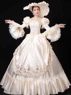 Ecru White Retro Tudor Dress Costumes Women's Marie Antoinette Costume Lace Ruffles Polyester Tunic Dress Hat Vintage 18th Century Costume