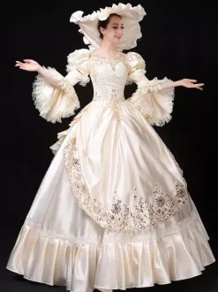 Ecru White Retro Tudor Dress Costumes Women's Marie Antoinette Costume Lace Ruffles Polyester Tunic Dress Hat Vintage 18th Century Costume