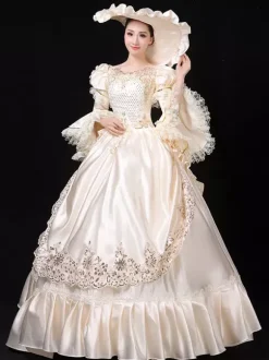 Ecru White Retro Tudor Dress Costumes Women's Marie Antoinette Costume Lace Ruffles Polyester Tunic Dress Hat Vintage 18th Century Costume