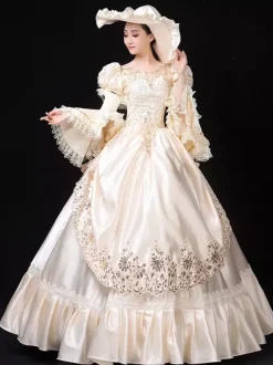 Ecru White Retro Tudor Dress Costumes Women's Marie Antoinette Costume Lace Ruffles Polyester Tunic Dress Hat Vintage 18th Century Costume