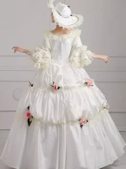 Ecru White Retro Tudor Dress Costumes Flowers Polyester Dress Women's Vintage Tunic Marie Antoinette Costume Vintage Clothing