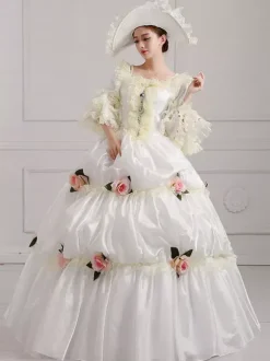 Ecru White Retro Tudor Dress Costumes Flowers Polyester Dress Women's Vintage Tunic Marie Antoinette Costume Vintage Clothing