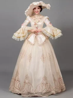 Ecru White Retro Tudor Dress Costumes Women's Floral Print Flowers Ruffles Polyester Marie Antoinette Costume Tunic Hat Dress Vintage Vintage Clothing