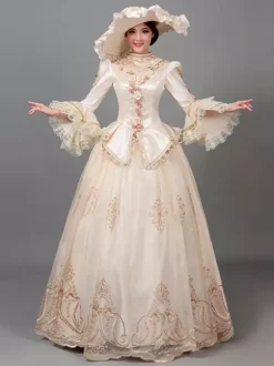 Ecru White Retro Tudor Dress Costumes Women's Floral Print Flowers Ruffles Polyester Marie Antoinette Costume Tunic Hat Dress Vintage Vintage Clothing