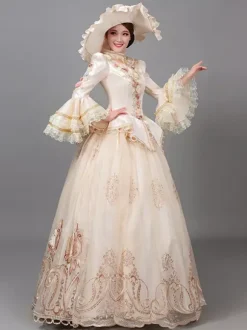 Ecru White Retro Tudor Dress Costumes Women's Floral Print Flowers Ruffles Polyester Marie Antoinette Costume Tunic Hat Dress Vintage Vintage Clothing