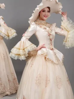 Ecru White Retro Tudor Dress Costumes Women's Floral Print Flowers Ruffles Polyester Marie Antoinette Costume Tunic Hat Dress Vintage Vintage Clothing