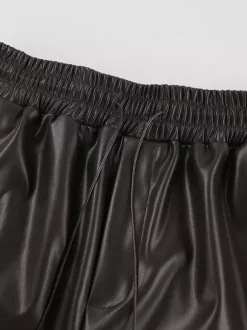 Elastic Drawstring Waist Faux Leather Wide Leg Pants Black Brown Loose Casual Trousers