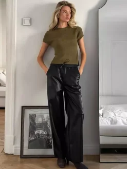 Elastic Drawstring Waist Faux Leather Wide Leg Pants Black Brown Loose Casual Trousers