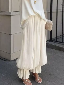 Elastic High Waist Ruffle Cuff Wide Leg Harem Pants Flowy Draped Casual Trousers