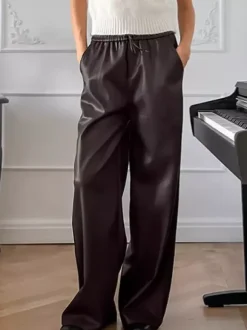 Elastic Waist Drawstring Faux Leather Wide Leg Pants