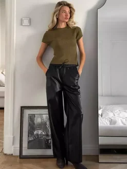 Elastic Waist Drawstring Faux Leather Wide Leg Pants