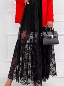 Elastic Waist Sheer Floral Lace Tiered Maxi Skirt Black White See Through Long Bottoms