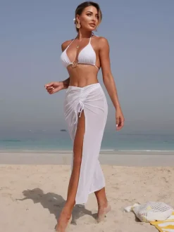Elegant 3 Piece Swimsuit Set For Women - Halter Triangle Bikini With Gold Ring & Maxi Skirt Cover Up - Summer Resort 2026