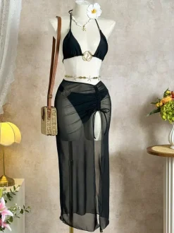 Elegant 3 Piece Swimsuit Set For Women - Halter Triangle Bikini With Gold Ring & Maxi Skirt Cover Up - Summer Resort 2026