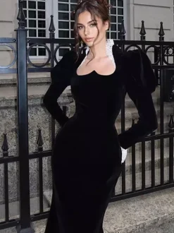 Elegant Black Velvet Dress With Lace Details Long Sleeve Spring Long Dress For Women 2026