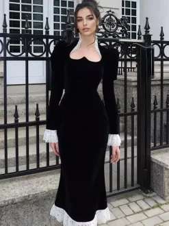 Elegant Black Velvet Dress With Lace Details Long Sleeve Spring Long Dress For Women 2026