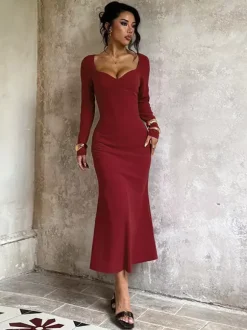 Elegant Burgundy Bodycon Dress For Women - Vintage Corset Waist Long Sleeve Long Dress - Spring Party Gown 2026