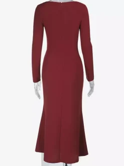 Elegant Burgundy Bodycon Dress For Women - Vintage Corset Waist Long Sleeve Long Dress - Spring Party Gown 2026