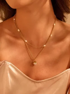 Elegant Double Strand Pearl Necklace Gold Plated Daily Wear Stackable Neck Decor