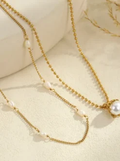 Elegant Double Strand Pearl Necklace Gold Plated Daily Wear Stackable Neck Decor