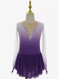 Elegant Figure Skating Outfit Beaded Rhinestone Mesh Long Sleeve Skating Dress