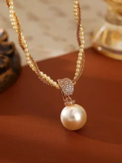 Elegant Layered Pearl Necklace Rhinestone Square Setting Teardrop Pearl Charm