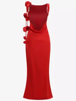 Elegant Rosette Maxi Evening Dress For Women - Red Satin Backless Bodycon Long Gown With 3D Flowers - Summer Prom Party 2026