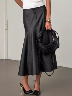 Elegant High Waist Mermaid Hem Faux Leather Midi Skirt For Women 2026