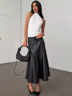 Elegant High Waist Mermaid Hem Faux Leather Midi Skirt For Women 2026