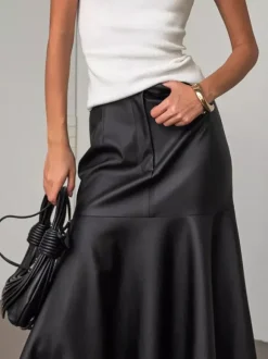 Elegant High Waist Mermaid Hem Faux Leather Midi Skirt For Women 2026