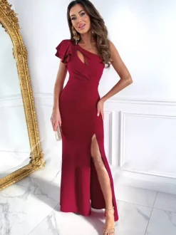 Elegant Long Party Dress With Ruffle Shoulders And High Slit 2026