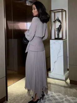 Elegant Long Sleeves Three Piece Set For Women - Chiffon Tie Neck Blouse And Waistband And Maxi Skirt - Spring Office Party 2026