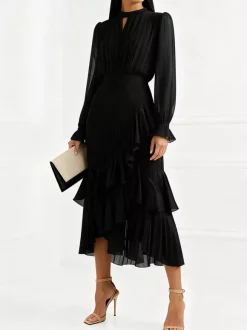 Elegant Pleated Midi Dress For Women - Layered Ruffle Chiffon Gown - Spring Wedding Guest Outfit 2026