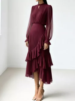 Elegant Pleated Midi Dress For Women - Layered Ruffle Chiffon Gown - Spring Wedding Guest Outfit 2026