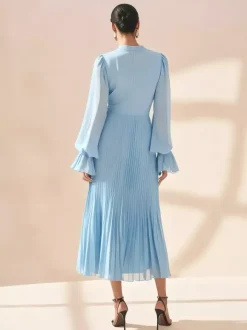 Elegant Pleated Midi Dress For Women - Layered Ruffle Chiffon Gown - Spring Wedding Guest Outfit 2026