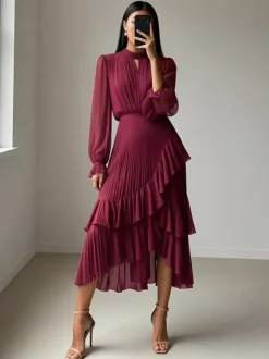 Elegant Pleated Midi Dress For Women - Layered Ruffle Chiffon Gown - Spring Wedding Guest Outfit 2026