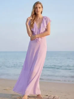 Elegant Ruffle V-Neck Chiffon Maxi Dress For Women - Lavender Boho Backless Flowy A-Line Sun Dress - Summer Beach Wedding Guest 2026