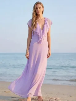 Elegant Ruffle V-Neck Chiffon Maxi Dress For Women - Lavender Boho Backless Flowy A-Line Sun Dress - Summer Beach Wedding Guest 2026