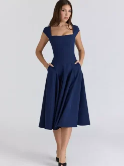 Elegant Square Neck A-Line Midi Dress For Women - Vintage Sleeveless Fit And Flare SunDress - Summer Wedding Guest Cocktail 2026