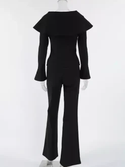 Elegant Two Piece Set Women Trouser Suit - Vintage Large Collar Gold Button Bell Sleeve - Spring Gala Evening Outfit 2026
