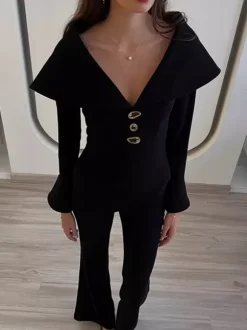 Elegant Two Piece Set Women Trouser Suit - Vintage Large Collar Gold Button Bell Sleeve - Spring Gala Evening Outfit 2026