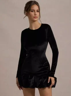 Elegant Velvet Mini Dress With Ruffle Hem Long Sleeve Bodycon Dress For Women 2026