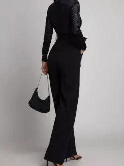 Elegant Wide Leg Jumpsuit For Women - Black Geometric V Neck Long Sleeve Belted Romper - Spring Evening Party 2026