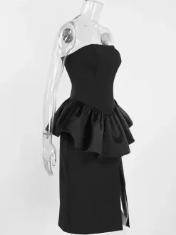 Elegant Women's 2 Piece Set - Vintage Peplum Tube Top & Side Slit Midi Skirt - Chic Summer Party Wear 2026