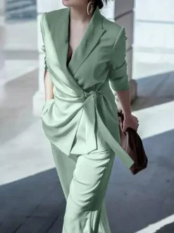 Elegant Wrap Blazer Women 2 Piece Set - Slim Fit Tie Waist Wide Leg Pantsuit - Spring Business Casual 2026